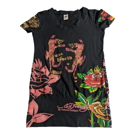 Vintage Ed Hardy Long Baby Tee Panther Rose Tattoo Tunic Christian Audigier L - Picture 1 of 15